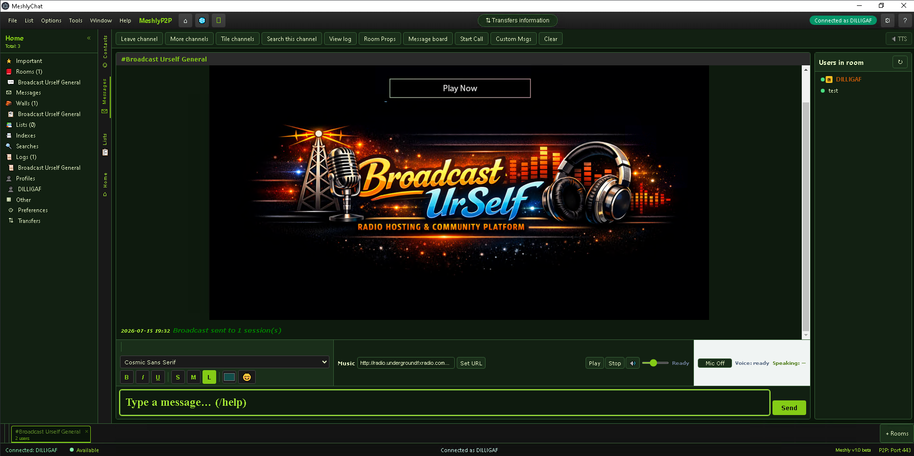 Chat room with music player and welcome banner